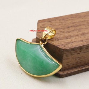 Authentic Gold Plated Heated Green Jade Fan-Shape Pendant Best 28mm H