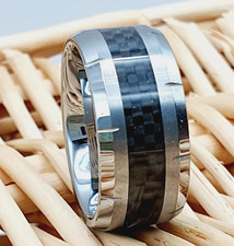 Wide 10mm Silver Tungsten Ring for Men Black Carbon Fiber Inlay Proposal Band