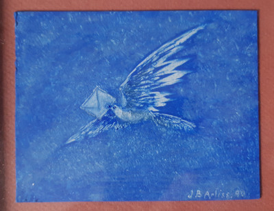 TAUBENTRAGEBRIEF von J.B. ARLISS (1990) / 9 x 11 cm im 36x37 cm Rahmen / xv