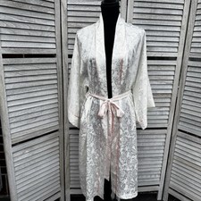 Vintage Victoria s Secret Floral Jacquard Robe White Pink Satin Trim Gold Label