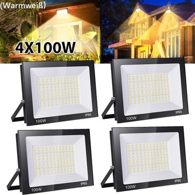 4x 100W LED Fluter Außen Strahler Scheinwerfer Garten Baustrahler Warmweiß IP65