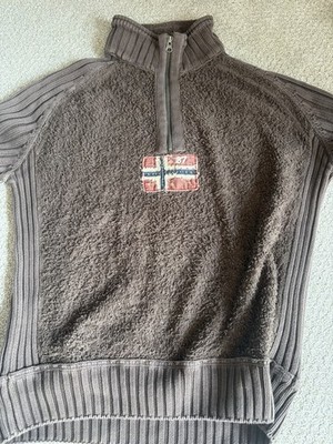 Napapijri Men s Gray Cotton Knit 1/4 Zip Mock Neck Pullover Sweater L