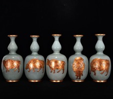 11" China Old Ancient Porcelain Song Ru Kiln Marked Gilt Five Cows Gourd Vases