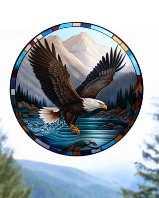 Bald Eagle Faux Stained-Glass WINDOW CLING Sun-catcher Size 8'' Round Vinyl