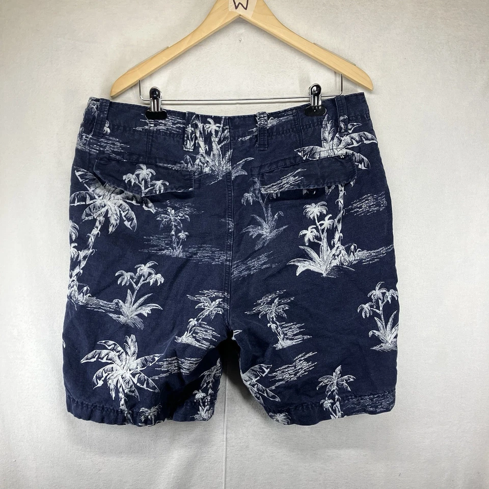 Pantalones Cortos Para Hombre Mezcla de Lino 36 38x8 Azul Oscuro Retro Estampado Hawaiano Foto 2 de 4