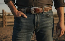 Western Tooled Basket Weave Chestnut Brwn Leather Belt Cross Center Lace Size 44