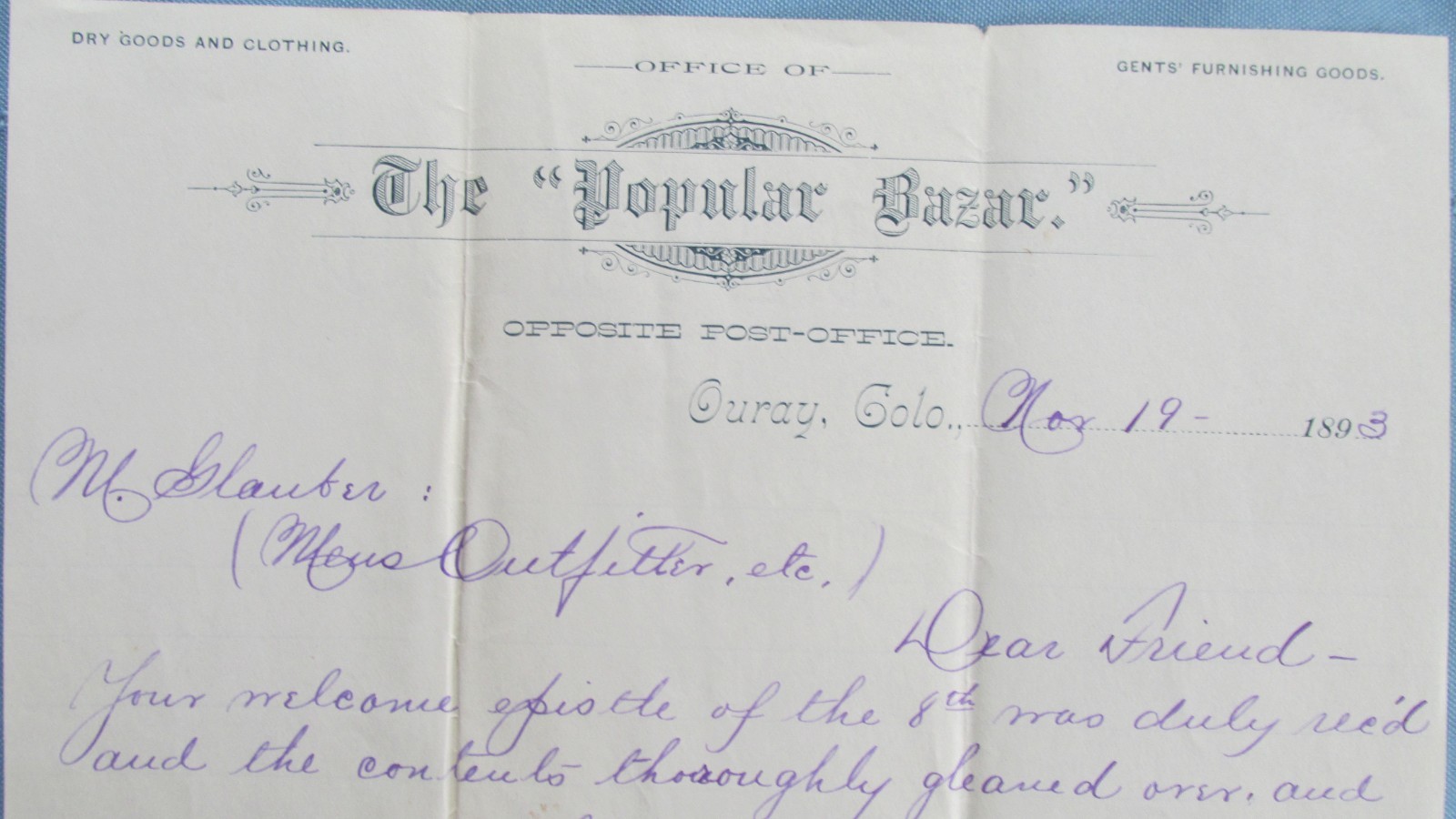 1893 Ouray Colorado The Popular Bazar Dry Goods Letterheads-Central City Letter