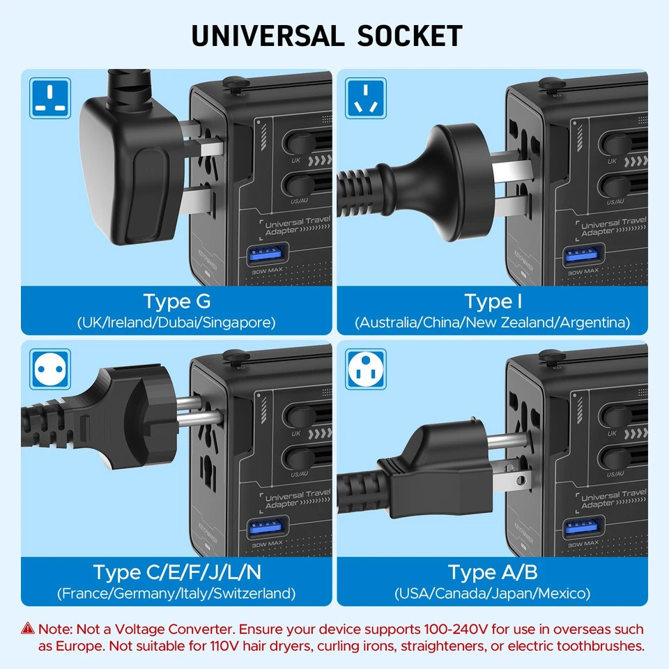 EU/UK/AU/US 75W Travel Plug Adapter/Converter USB for Universal plug - Image 4 of 4