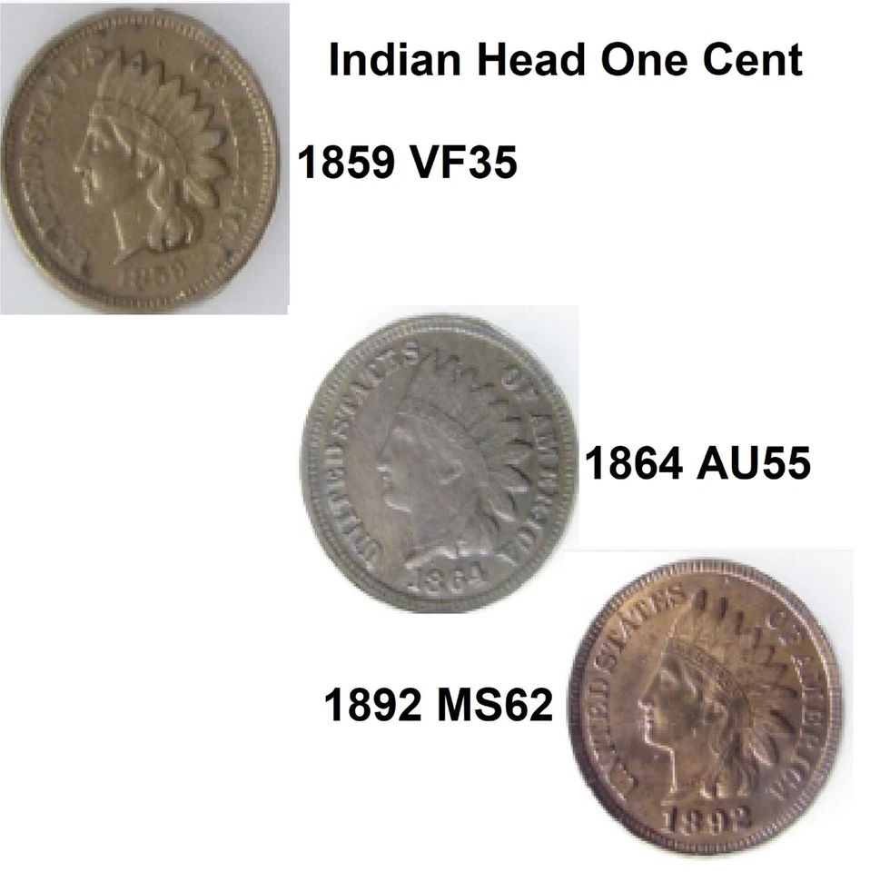 1859 VF35, 1864 AU55, and 1892 MS62 RB Indian Head One Cent 1C Penny ICG Graded - Image 2 of 4