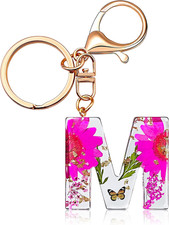 Initial Letter Butterfly Flower Pink Keychain Birthday gifts for Women Girl Back