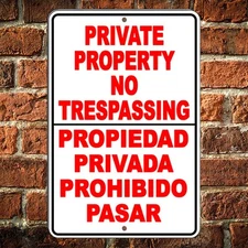 Private Property No Trespassing English Spanish Sign Metal Aluminum Surveillance