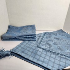 Vintage Blue Damask Table Runner w 4 Cloth Napkins Set Noble Home Fashions
