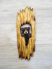 Hand Carved BLACK BEAR CUB peeking HOLLOW TREE Wall Art Wood Carving chainsaw
