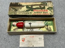 Vintage Pflueger 5-1/4" White/Red Head Fishing Lure Bait In Box # 3796 W/ Papers