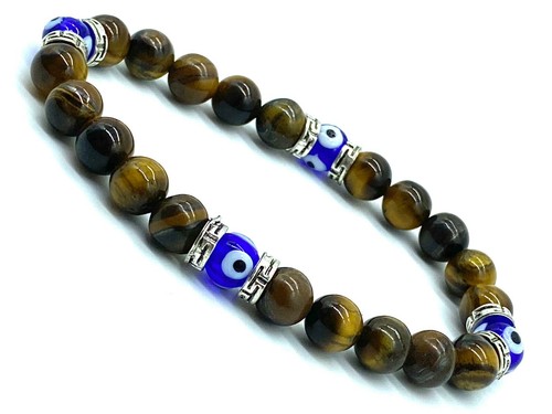 Tiger Eye 8mm Natural Stone Stretch Beaded Evil eye Bracelet #2298 - Picture 2 of 8