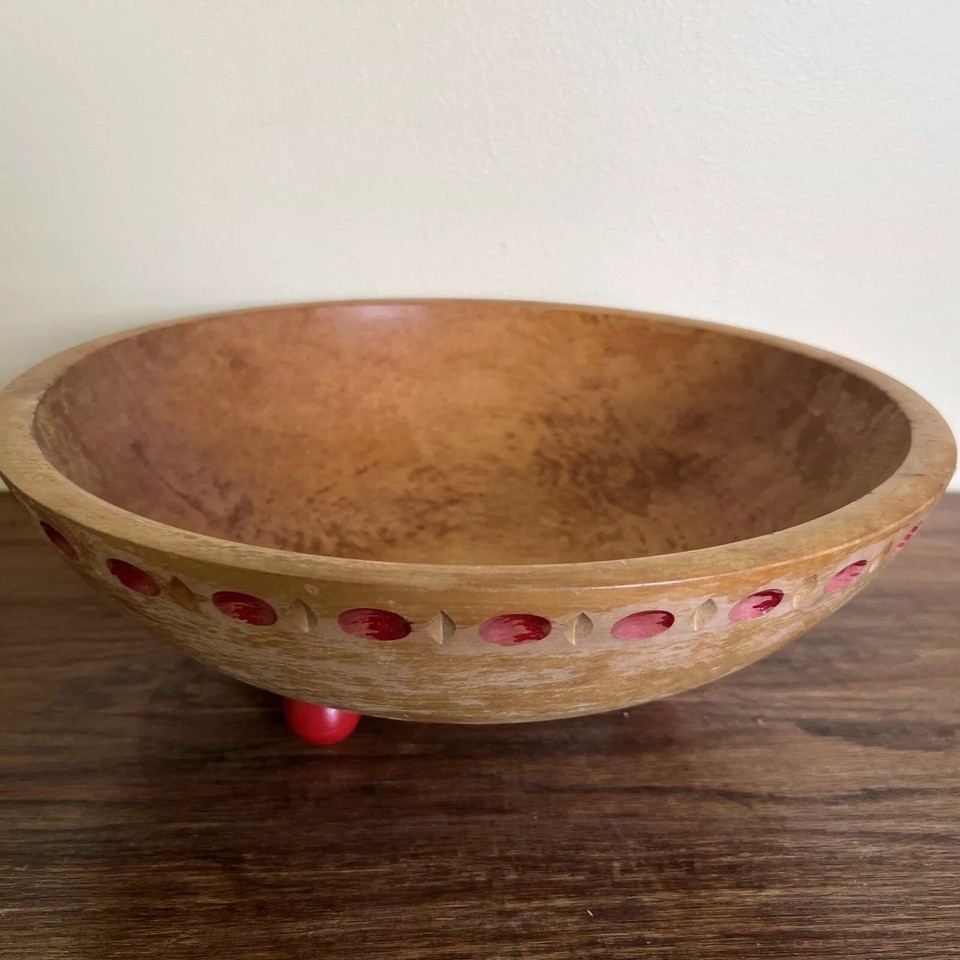 Vintage 1940s Munising Primitive Footed Wood Dough Bowl with Red Feet