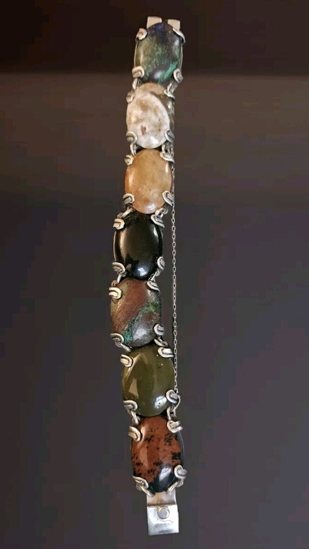 Taxco Sterling Stamped: Vintage; 7 Lrg Multistone, Mexican Silver Link Bracelet 