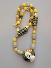 OOAK NECKLACE WITH GREEN AND YELLOW NATURAL JADE AND HANDMADE CERAMIC FOCAL BEAD