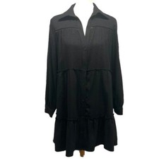 Zara NWT Black Swiss Dot Tiered Swing Button Front Mini Dress Womens Small