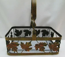 Metal Basket Painted Autumn Leaves Wire 10" X 10".5 X 7" Wide Decorative Basket