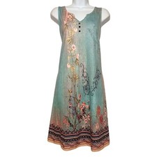 NWT Blue Pink Floral Print Sleeveless Tribal Stripe Hem Summer Mini Shift Dress