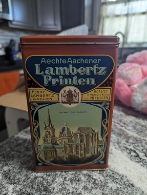 Vintage 1999 Henry Lambertz German Cookie Tin Tall  Hinged Lid 