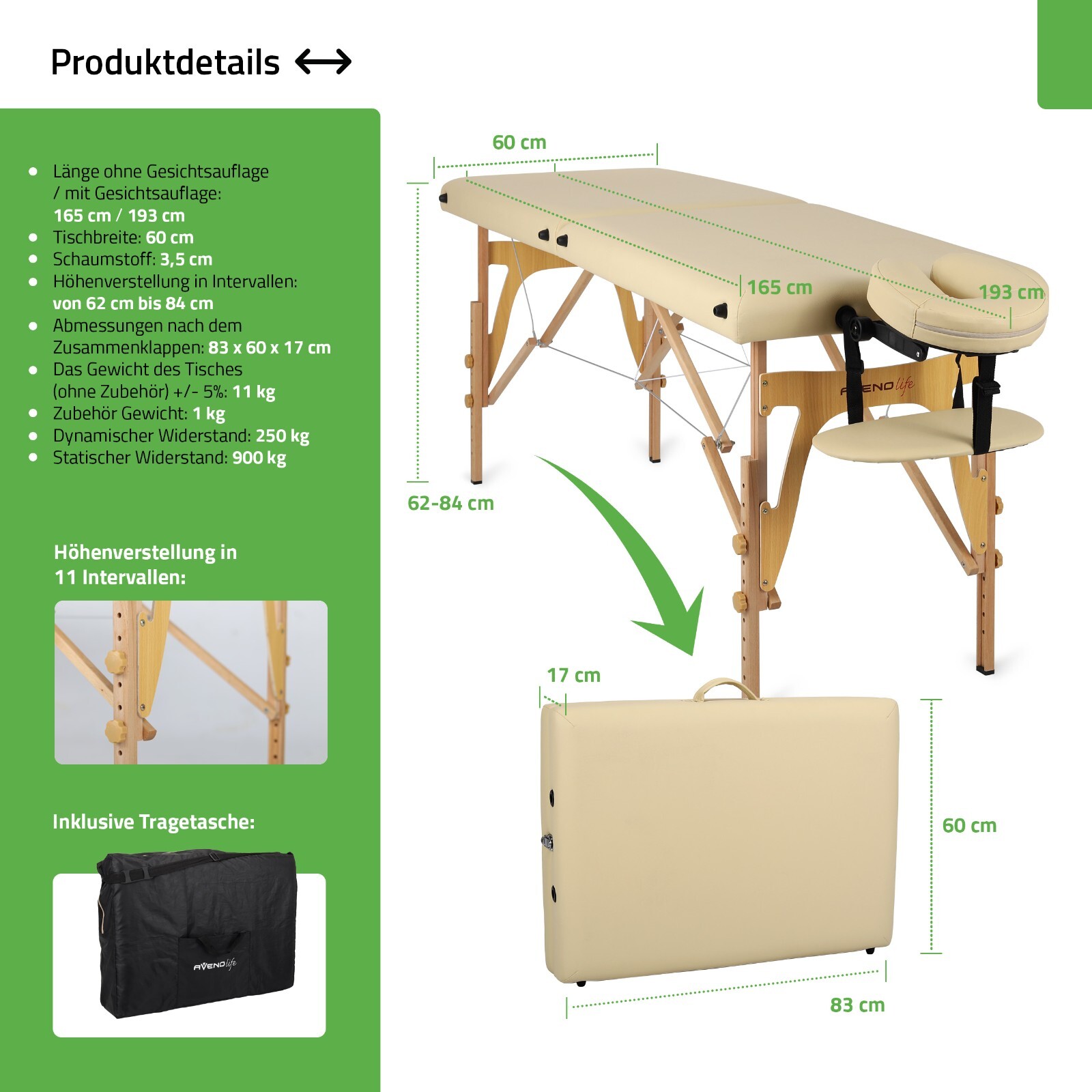 HABYS Sonia 2 Zonen Massageliege, Kosmetikliege Klappbar, Ultralight Holz