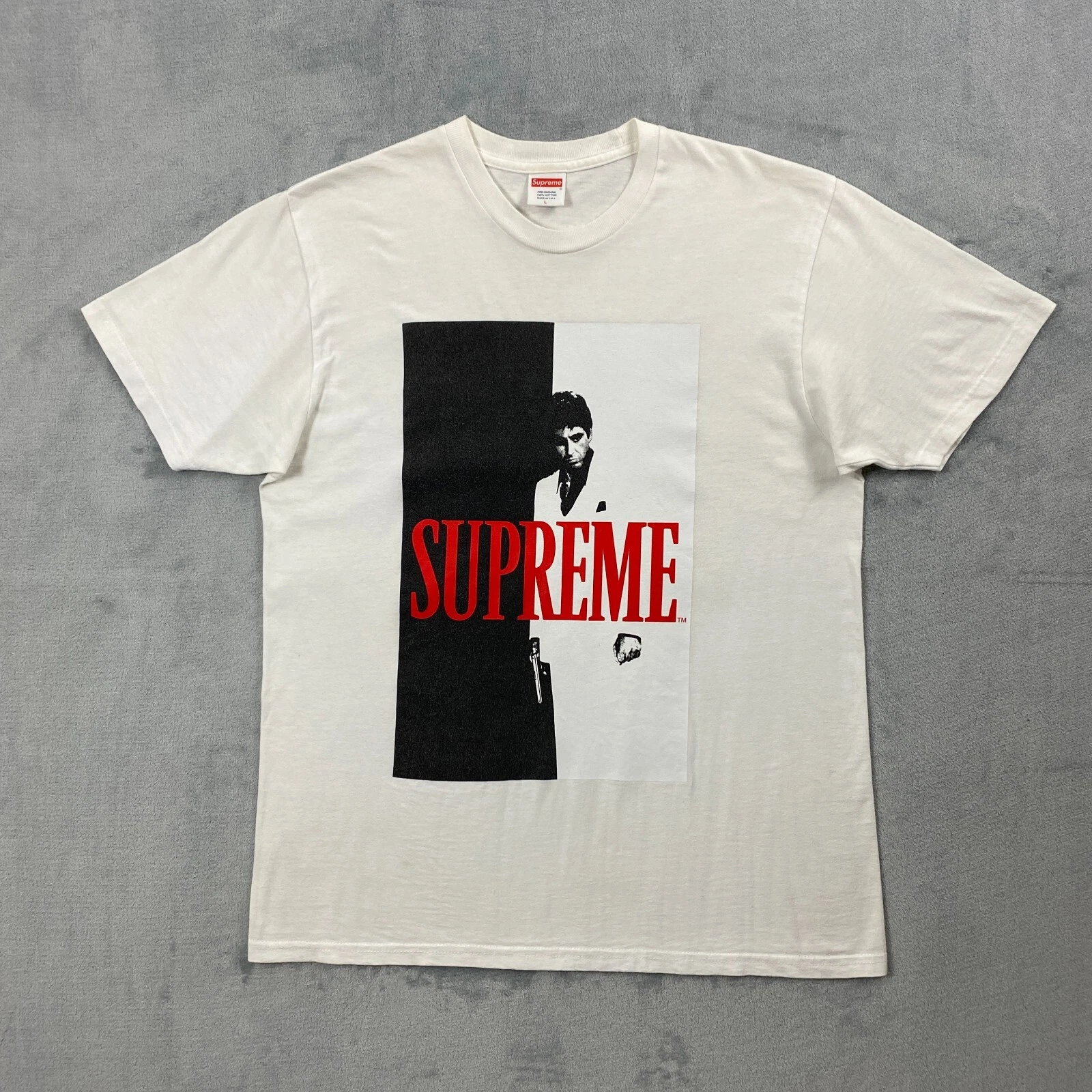 Supreme FW17 SCARFACE SPLIT TEE hommes grand blanc double face graphique LOGO FILM