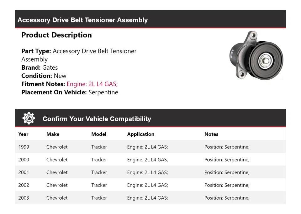 Conjunto de tensor de correa de transmisión para Chevrolet Tracker 1999-2003 puertas serpentinas Foto 2 de 4