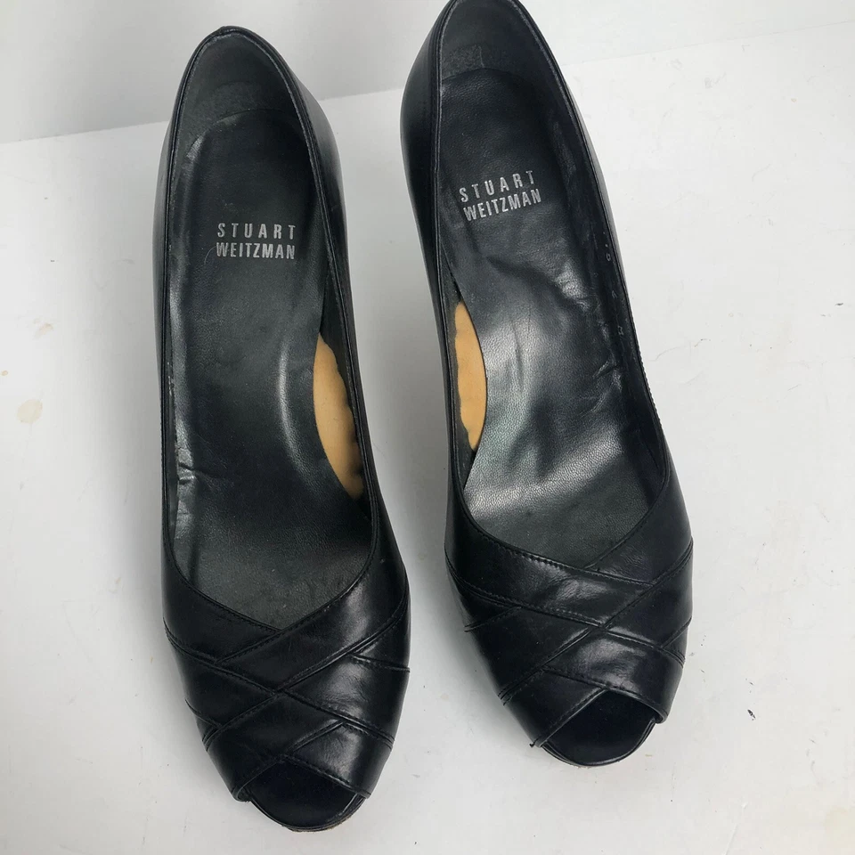 Stuart Weitzman Size 3” Heel Black Leather Slip On Open Toe Rockabilly womans - Image 2 of 4