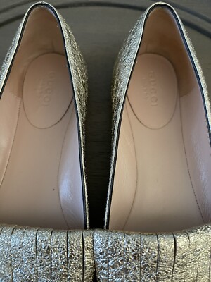 Gucci Metallic Gold Foil Leather GG Marmont Fringe Detail