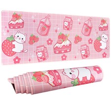 Kawaii Gaming Mouse Pad for Desk, Extended Large Cat Strawberry Milk Mouse Pa...