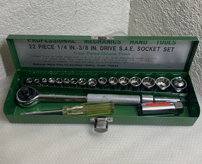 Vintage Professional Mechanics Hand Tools 22 Pcs 1/4''-3/8'' Drive SAE Socket Set
