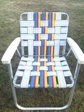 Vintage Webbed Aluminum Folding Lawn Chair Yellow Red And Blue Stripes