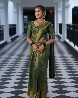 Traditional Wear Green  Soft Lichi Silk Saree With Blouse For Women & Girls