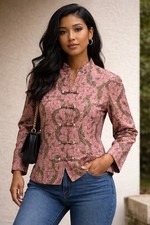Vintage Shi Qi Chinese Jacket Pink Floral Frog Closure Mandarin Collar Womens M