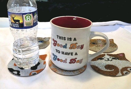 Sottobicchieri Gatto Kitty 6 Punti Diamanti Completi Tazzine Caffè Bevande Artigianali *Leggi - Foto 3 di 12