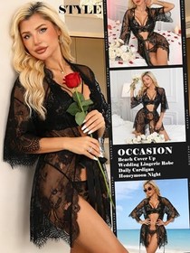 Sexy Lingerie for Women Lace Kimono Robe Mesh Chemise Nightgown X-Small Black