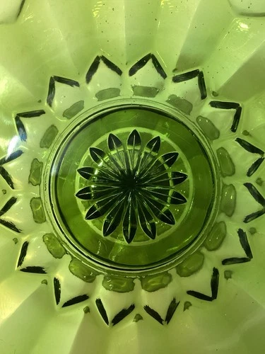 Vintage Mid Century Avocado Green Glass Pedestal Fruit Bowl Scalloped Rim MCM