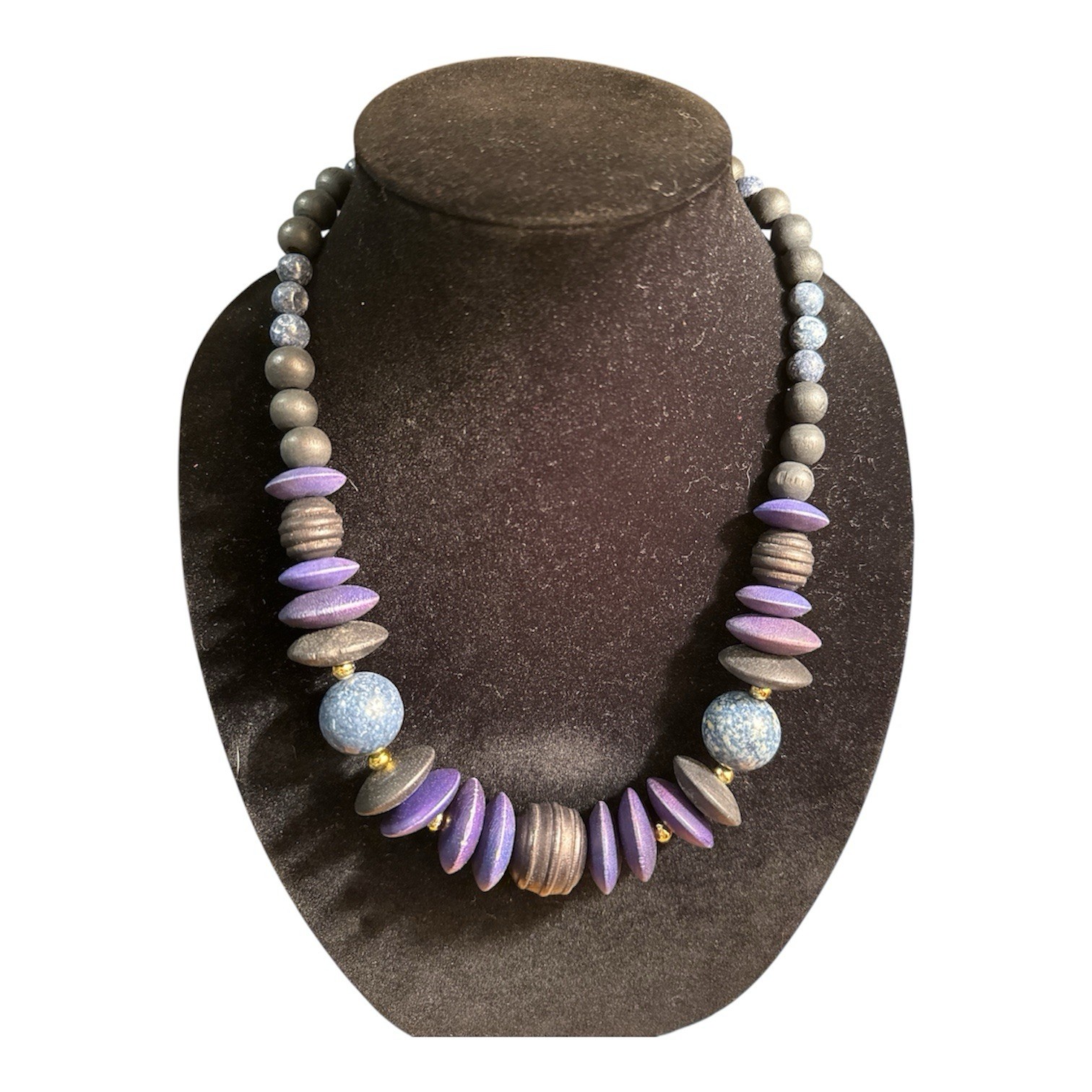 Artisan Style Beaded Statement Necklace Gray Purp… - image 1