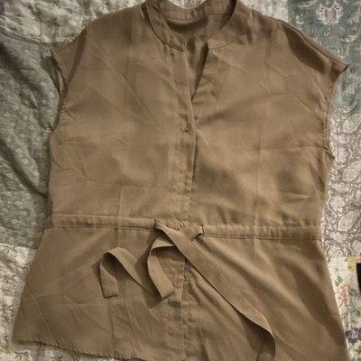 Apostrophe Women's M Brown Solid Sleeveless Button Waist Tie Blouse