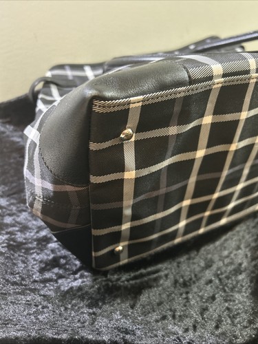 BROOKS BROTHERS Black & White Lg Check Nylon Tote w/Genuine Leather Trim 15x12x7 - Picture 5 of 9