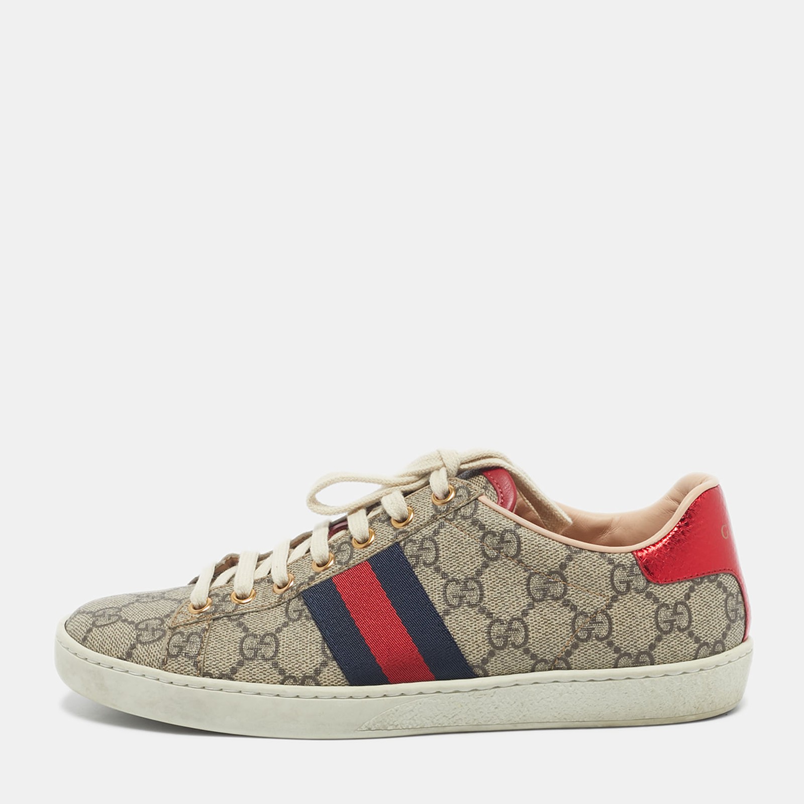 Gucci GG Canvas Ace Low Top Sneakers in Red Beige Size 36.5