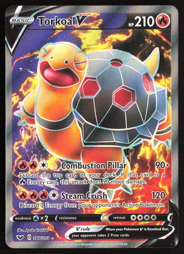 Pokemon Torkoal V (Full Art) Holo SWSH01: Sword & Shield Base Set 188/202 NM