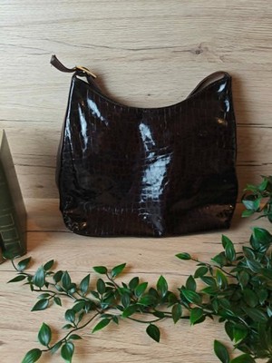 Handtasche Schultertasche Lackleder Krokodileffekt dunkelbordeaux / schwarz