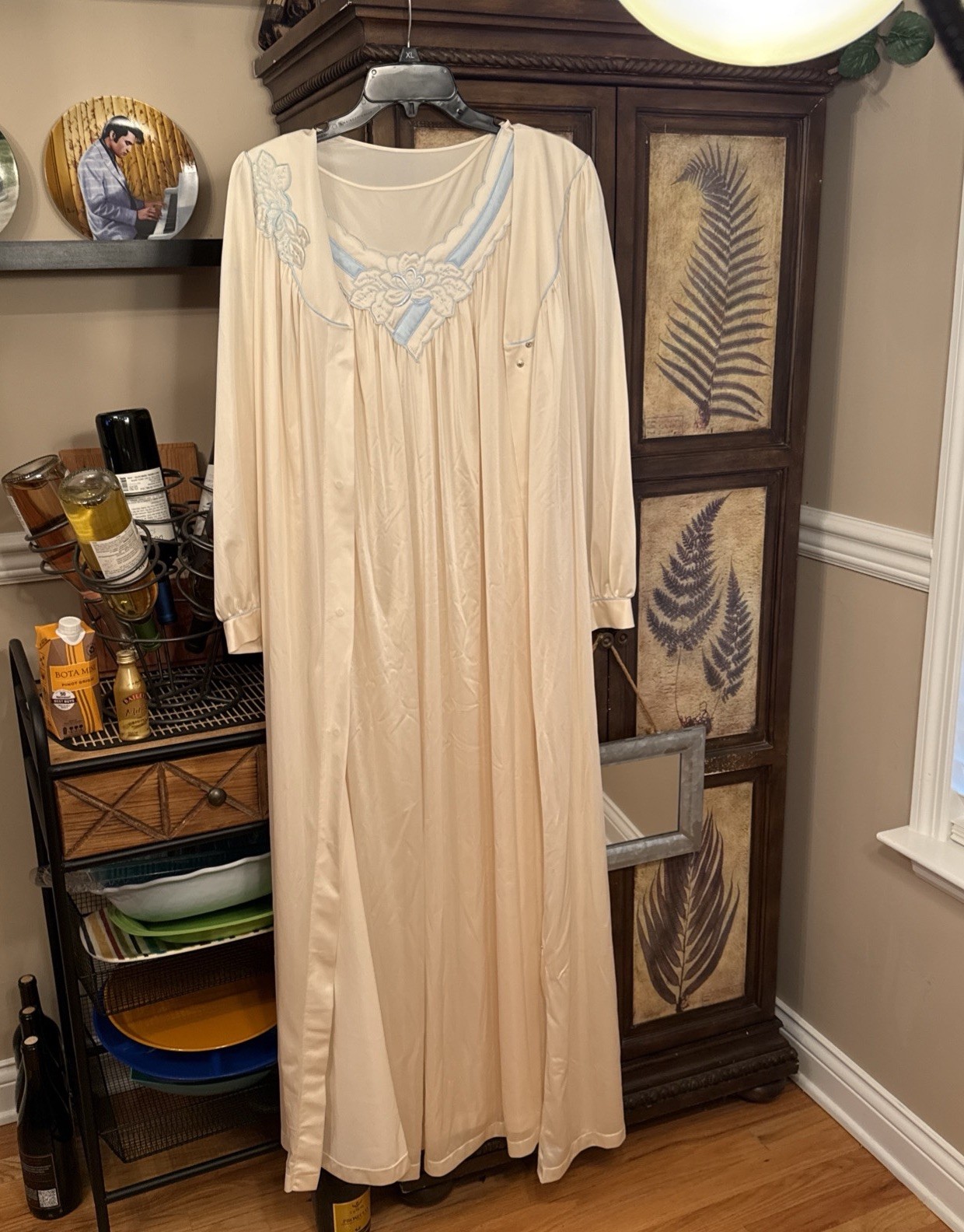 Vtg Ivory Shadowline Nightgown & Robe Set Embroidered & Blue Piping EUC Sz LG