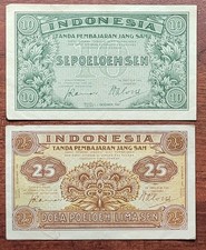 INDONESIA 1947 3rd Issue Notes 10 Sen & 25 Sen Indonesian Currency Banknotes
