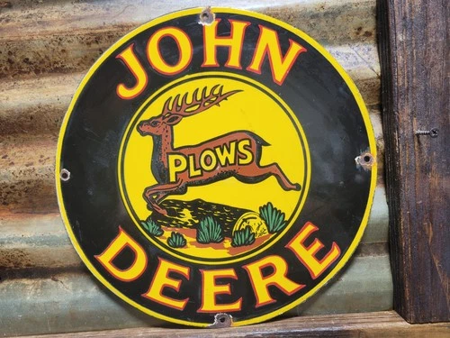 VINTAGE JOHN DEERE PORCELAIN SIGN OLD FARM PLOWS 1936 FARM TRACTOR CHICAGO DEER