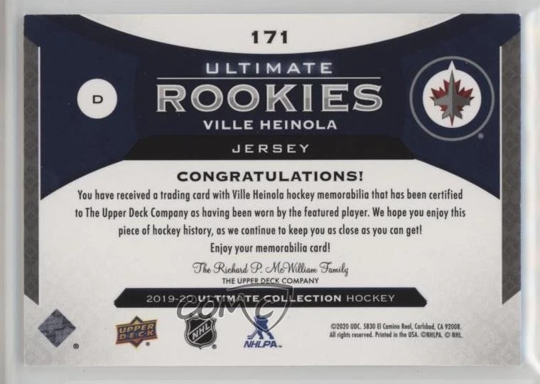 2019 Upper Deck Ultimate Collection Rookies Jerseys /399 Ville Heinola Rookie RC - Image 2 of 2