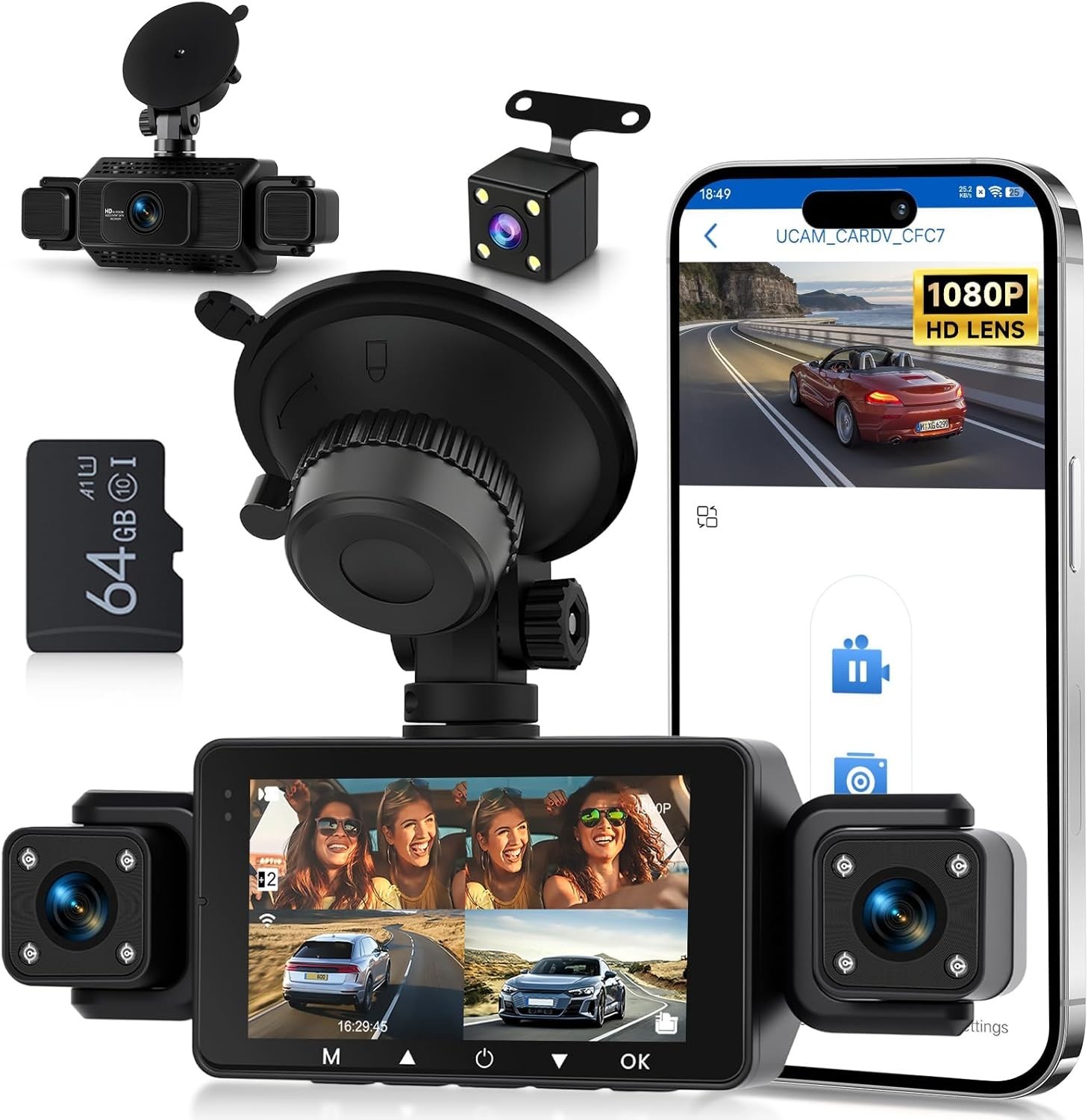 Dashcam voiture 360 avec 4 caméras 1080P et connexion WiFi 5GHz